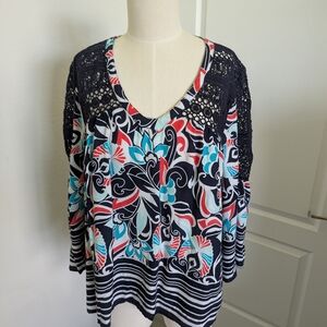 Crown & Ivy Navy and Red Floral Blouse